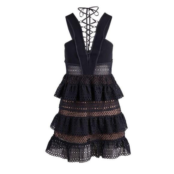 New Self-Portrait Lace Up Plunging V Ruffle Mini Dress Black Size 4 - Picture 13 of 16